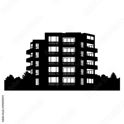 Modern Apartment Building Silhouette - Urban Architecture Vector, Contemporary Residential Condominium Graphic - City Housing Icon, Black Isolated Multi-Story Building - Real Estate Illustration.