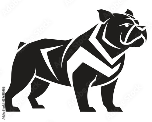 Black and white graphic illustration of a standing bulldog in a modern design.