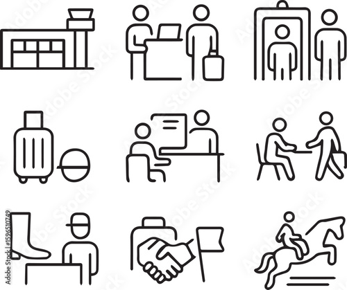 Airport Services Vector Icon Set  Adjustable Line Weight  Terminal, check-in, security check, luggage, passport control, boarding, customs, baggage claim, flight information line art vector 