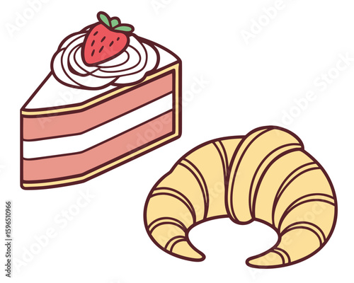 Delightful illustration featuring a slice of strawberry cake and a golden croissant on white background.