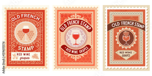 Old French stamp with a glass of red wine and grapes