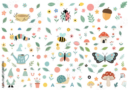 Colorful spring-themed illustrations featuring flowers, insects, animals, and gardening elements 