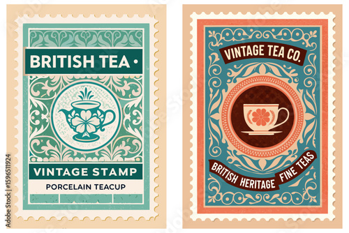 Vintage British tea stamp, porcelain teacup with floral patterns