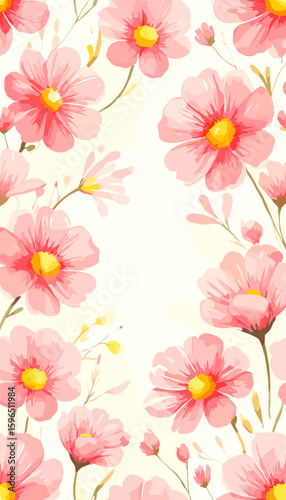 Whimsical pink flowers in watercolor on cream background for poster