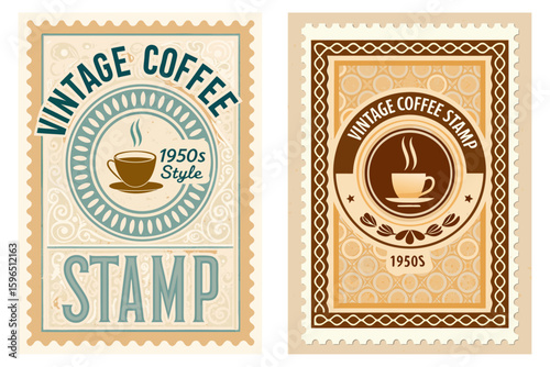 Vintage postage stamp featuring a steaming cup of coffee, 1950s style, sepia tones