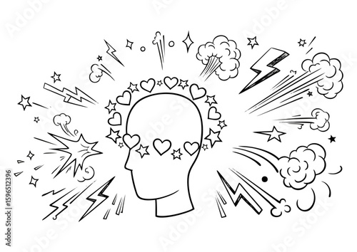 Graphic design of a head with hearts and stars, surrounded by bursts and lightning in black and white
