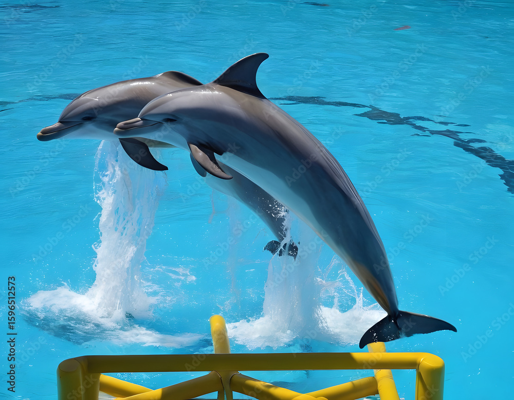 Obraz premium A group of dolphins is splashing and playing in the waves of water in the sea. dolphin jumping out of the water.