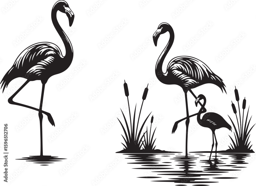 Obraz premium Elegant Black and White Flamingo Family Silhouette.