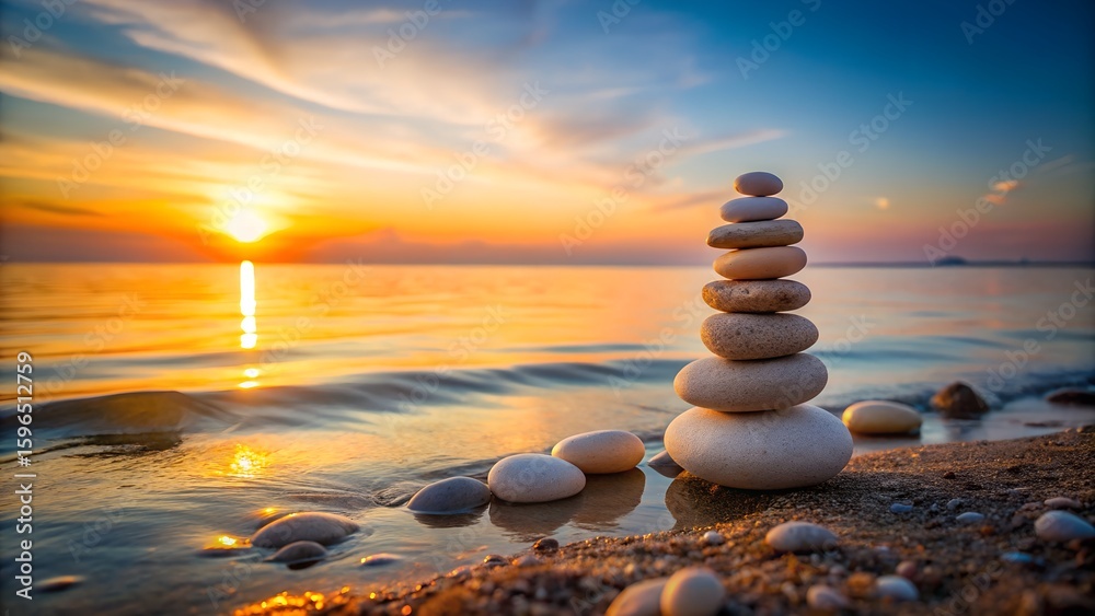 Obraz premium Zen stones balanced on the beach at sunset