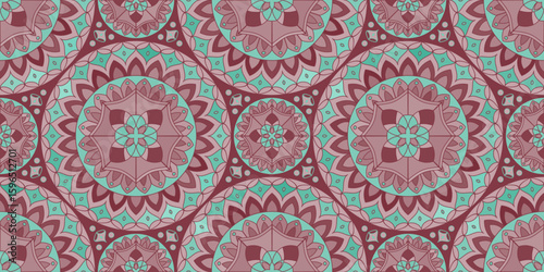 Seamless pattern with traditional Indian floral ornament for fabric swatch or wrapping paper. Vector abstract kaleidoscopic background