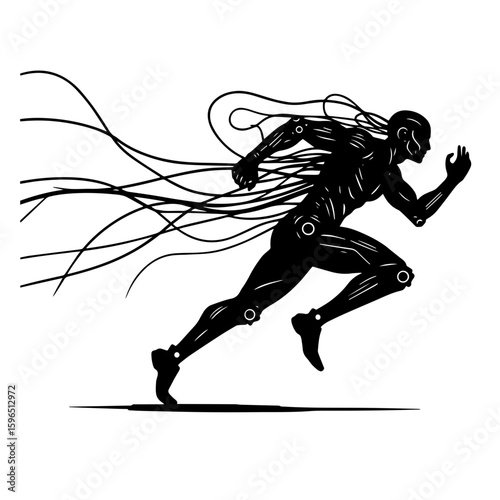 Dynamic Cyborg Runner Silhouette - Futuristic Technology Vector, High-Speed Bionic Athlete - AI and Innovation Graphic, Isolated Black Silhouette of a Cybernetic Sprinter
