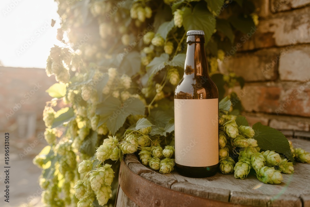 Fototapeta premium craft beer sits on a barrel surrounded by fresh hops