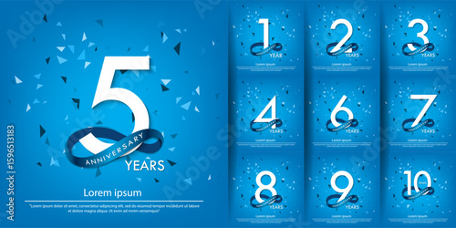 Set of 1st-10th years anniversary celebration emblem. white anniversary logo isolated with blue circle ribbon. vector illustration template design for web, poster, greeting card and invitation card