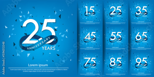 Set of 15-95th years anniversary celebration emblem. white anniversary logo isolated with blue circle ribbon. vector illustration template design for web, poster, greeting card and invitation card