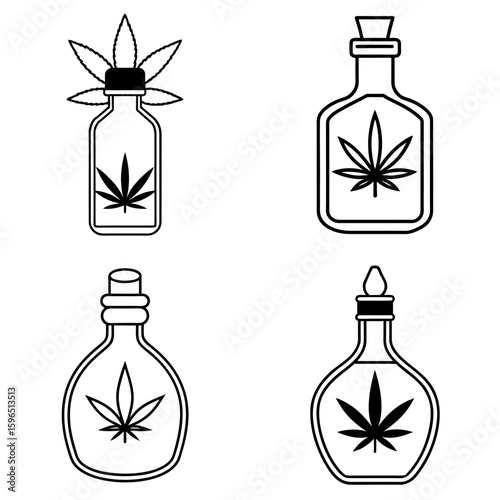 Collection of four outline style bottles with cannabis leaf design in black and white vector illustration