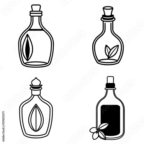 Four outlined bottles with stoppers and leaves in black and white minimalist design for spa products