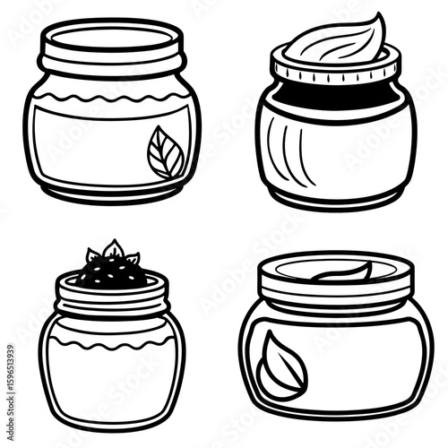 Four outlined jars with various contents including cream and leaves in a simple line art style