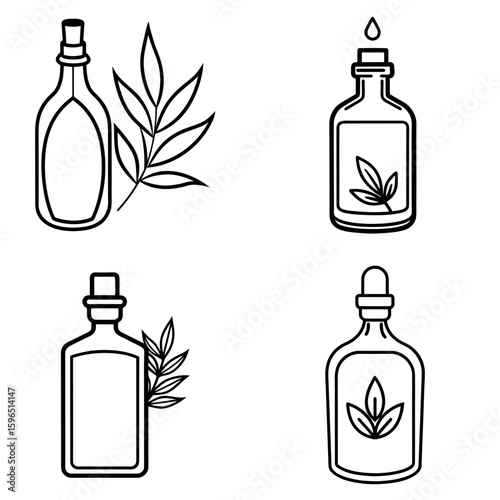 Outline drawing showing four bottles with stoppers and leaves for essential oils and aromatherapy use