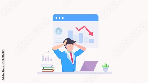Business fail. Graph down. Sad unhappy office worker. video animation 4k clip