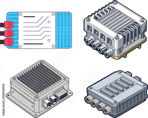 Realistic Engine Control Unit Vector – Car ECU Design with Finned Top and Wire Sockets. 