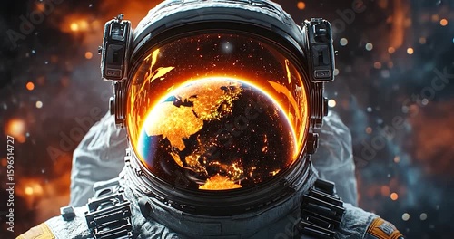 Astronaut's Helmet With Planet Earth Reflection And Stars In Background