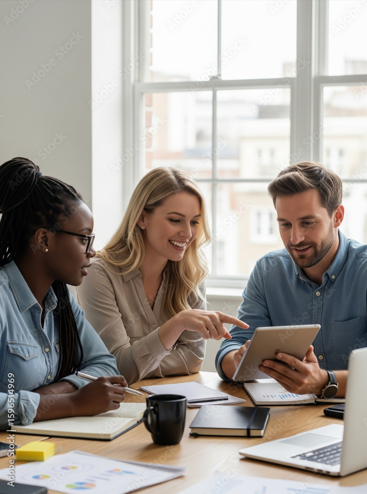 Fototapeta premium Three professionals collaborate as a team, sharing ideas and strategies at the worktable. 