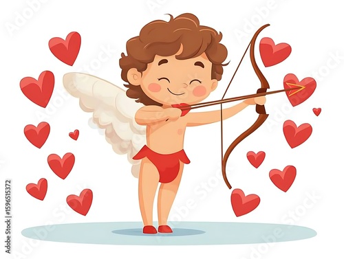 Cute Cartoon Cupid with Bow and Arrow Shooting Hearts