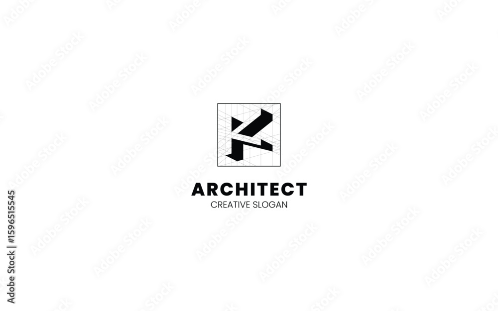 Obraz premium Letter K Architect logo with isometric bottom left view and technical sketch style