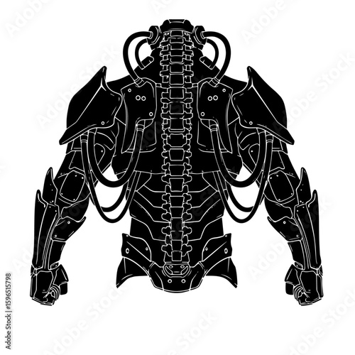 Futuristic Bio mechanical Exoskeleton Armor Concept, 
Detailed Black Cyborg Suit Illustration Isolated on White, 
Advanced Robotic Humanoid Technology Graphic.
