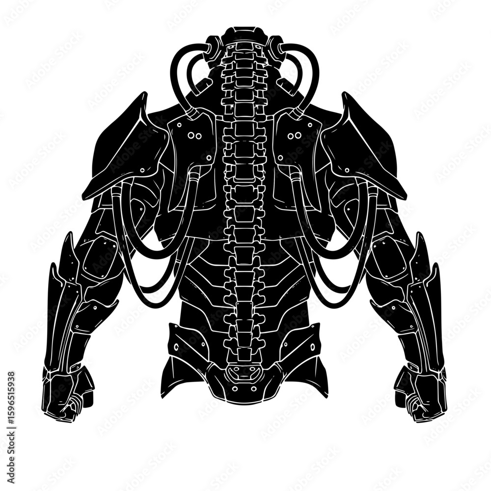 Fototapeta premium Futuristic Bio mechanical Exoskeleton Armor Concept, Detailed Black Cyborg Suit Illustration Isolated on White, Advanced Robotic Humanoid Technology Graphic.