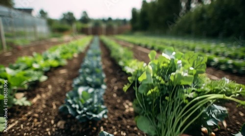 A hand holds freshly harvested organic  carrots and radishes in a lush vegetable garden. Hands picking vegetables. Rows of green plants stretch into the background under a bright sky.