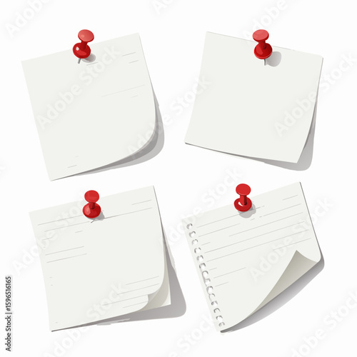 3D Realistic Sticky Note Vector Set with Red Push Pins | Empty Memo Paper Icons for UI/UX, Reminders & Business Presentation Design