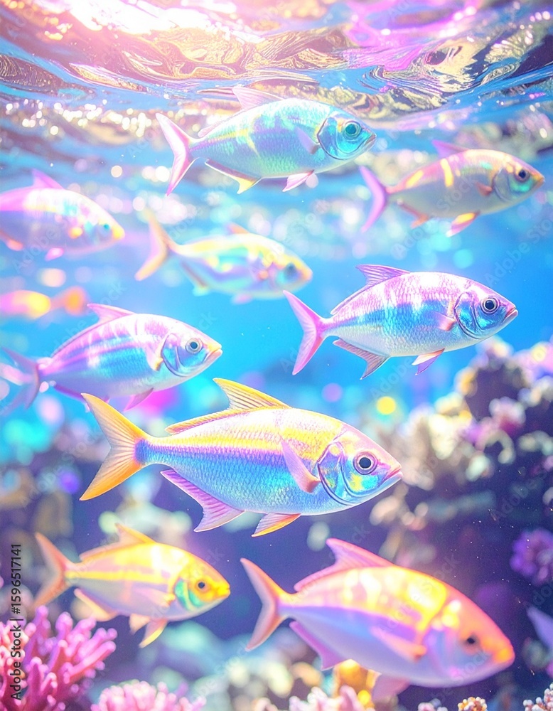 Naklejka premium into deep ocean clear water, many colorful fishes