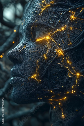 Glowing Abstract Female Face Profile Dark Texture Digital Art