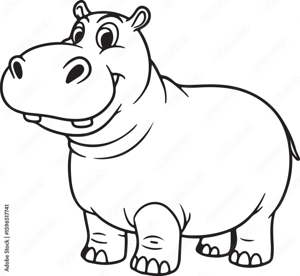 Obraz premium Cartoon hippo standing on two legs, big round nose, line drawing style, black and white illustration,