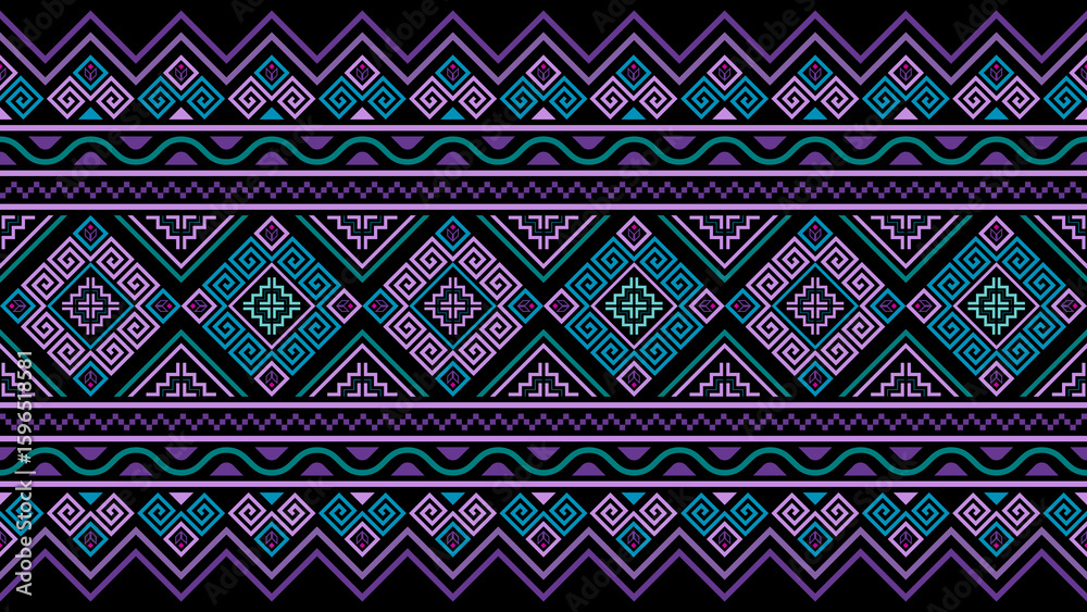 Seamless Indian Tribal Pattern in Bright Purple on Black Background. Mexican, Aztec and Mayan Colors. Vector Set. Ethnic Geometric Print Wallpaper.