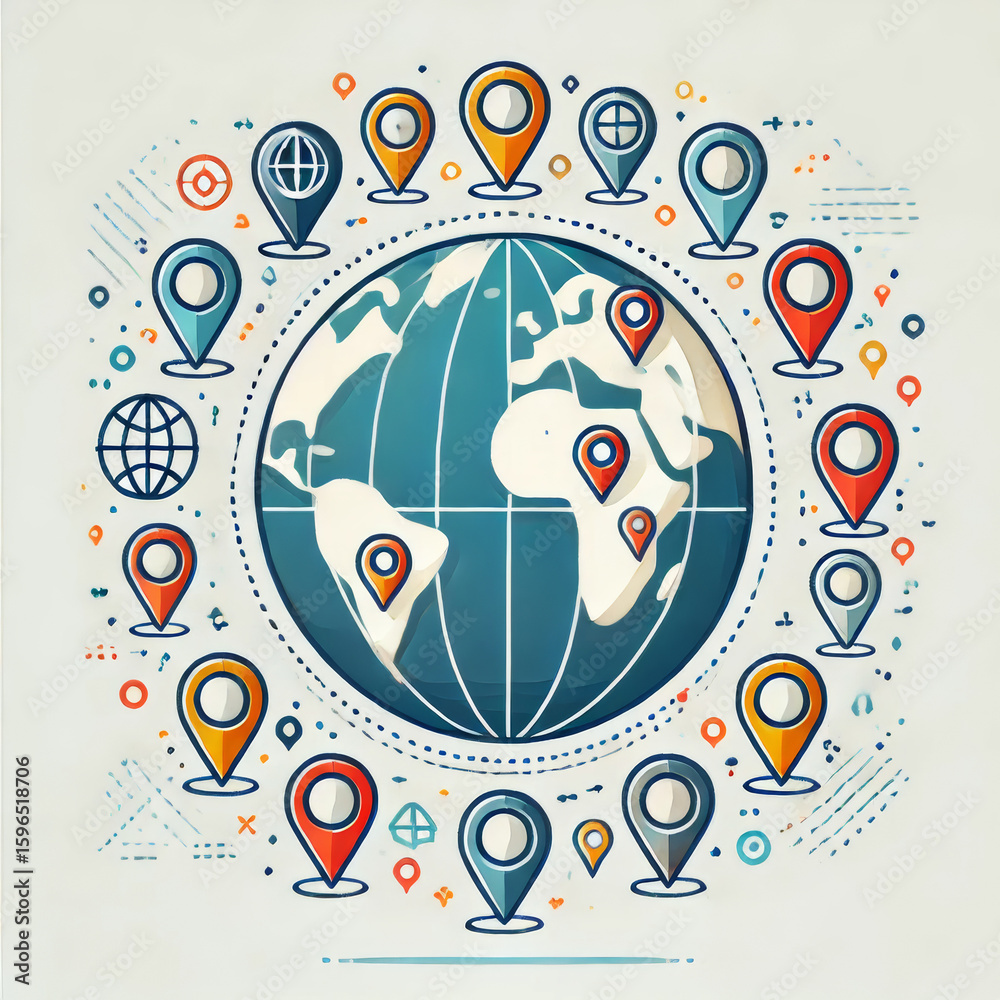 Obraz premium A creative illustration of the Earth surrounded by various location markers, representing global connectivity and navigation.