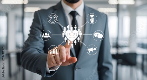 Businessman in suit touches digital social network connection interface for business growth and customer engagement, fostering teamwork and community