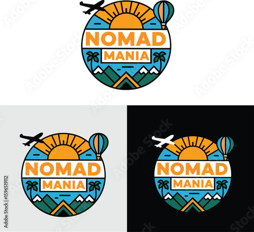 Nomad Mania Logo Set – Colorful Adventure Emblem with Sun, Palm Trees, Mountains & Travel Icons.
