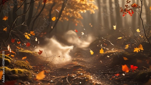 Leaves rustling across a forest trail, soft dust lifting with each gust of wind