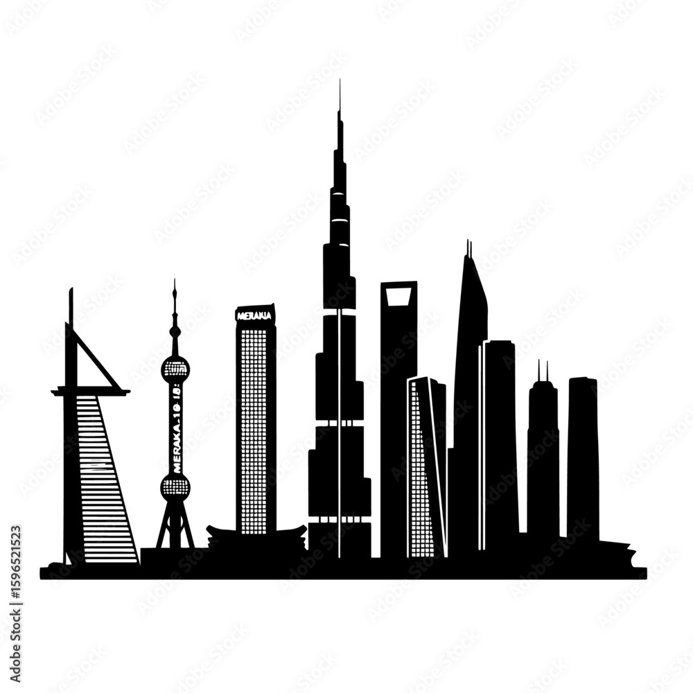 Obraz premium Black Silhouette of a Famous City Skyline Icons, Modern Urban Architecture: Diverse Skyscraper Collection, Iconic World City space: Isolated Buildings Graphic Set, Future Metropolis.