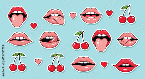 Pop art style lips and cherry illustrations for artistic projects and designs