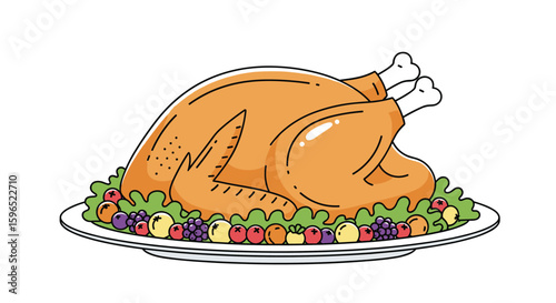 Delicious golden roasted turkey ready for a festive family gathering with fresh fruit and greens