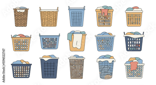 Collection of laundry baskets filled with clothes assorted designs and materials