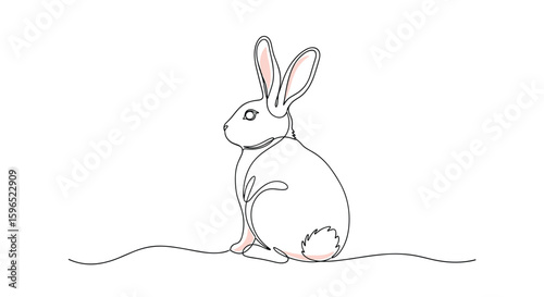 Delicate hand drawn rabbit sitting and looking sideways with a soft pink accent