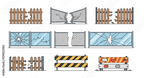 Collection of damaged fences and barriers representing protection and security issues