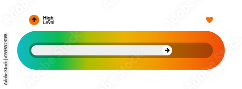 Colorful horizontal progress high level indicator. Gradient color transition from green to red. Arrow direction shows improvement or movement.