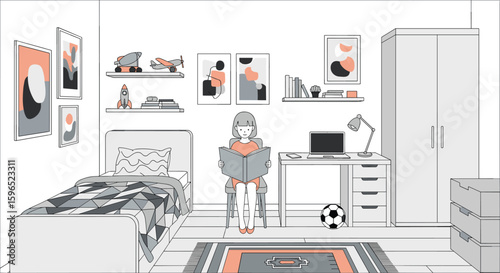 Robot reading book in modern bedroom with study desk and wardrobe