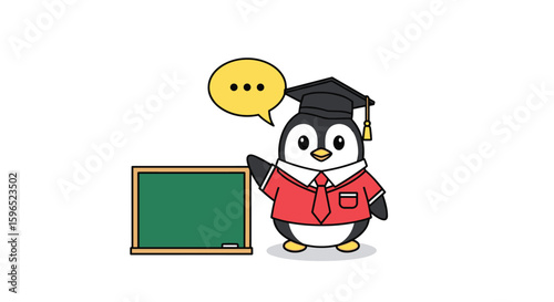 Cute penguin teacher wearing graduation cap standing next to blackboard sharing knowledge through speech bubble