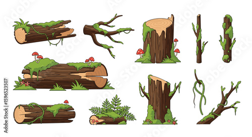 Pixel art forest elements with moss and mushrooms for game design